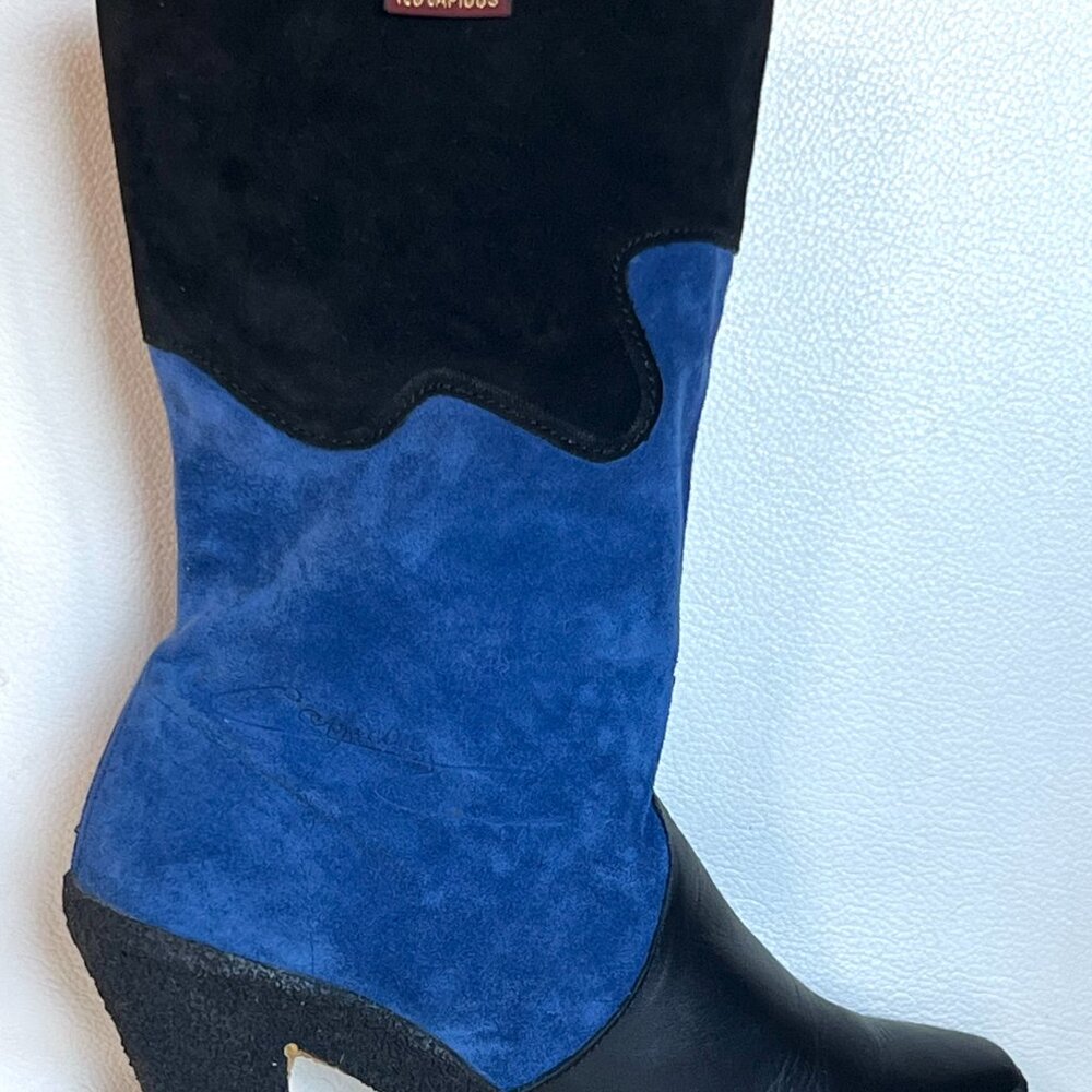 Vintage TED LAPIDUS Black & Cobalt Blue Leather & Suede Boots, Never Worn, 38/7